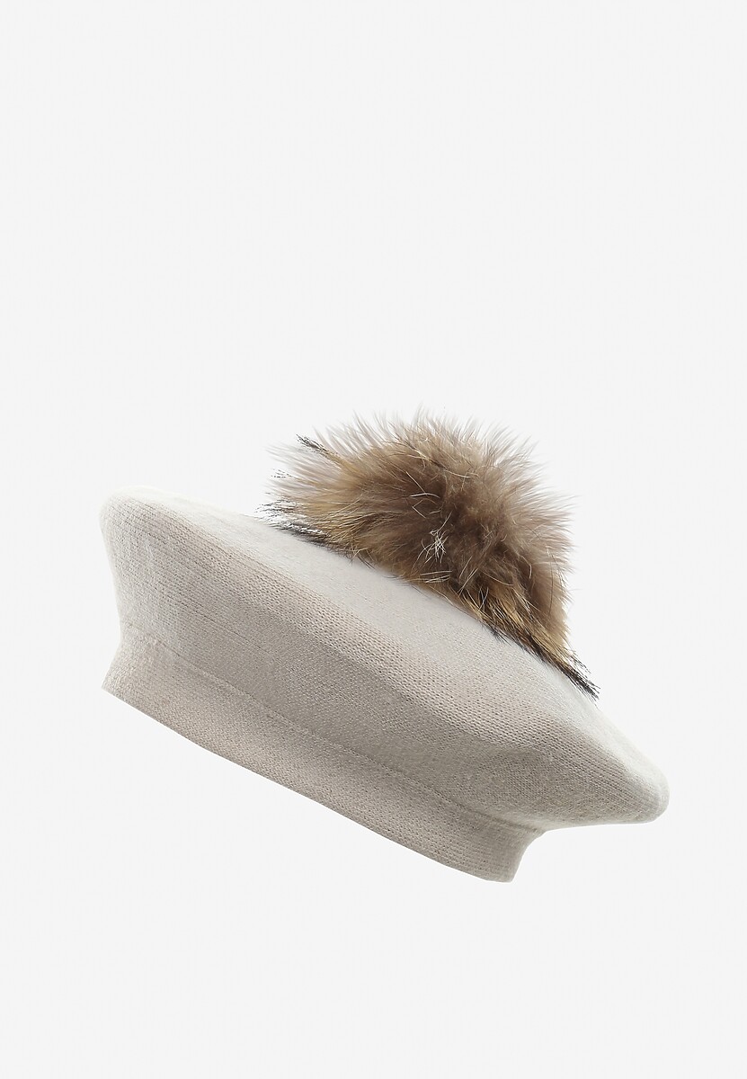 Căciulă Bej deschis Beretă din Lână și Viscoză cu Pompon Ornamental din Blană Oridril 1
