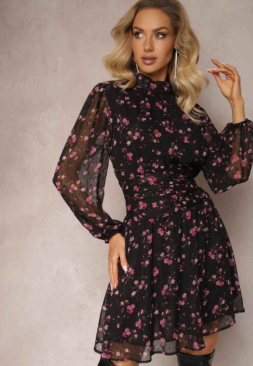 Czarna Taliowana Sukienka Mini w Kwiaty Brivona 1