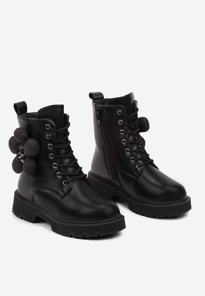 Czarne Płaskie Botki w Stylu Workerów Ozdobione Misiem i Kwiatkiem Melanora 2