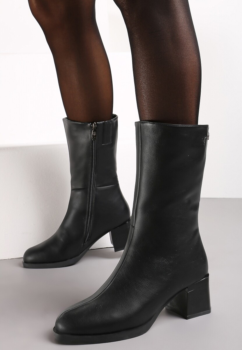 Czarne Ocieplane Botki z Wysoką Cholewką na Słupku Marrina 2