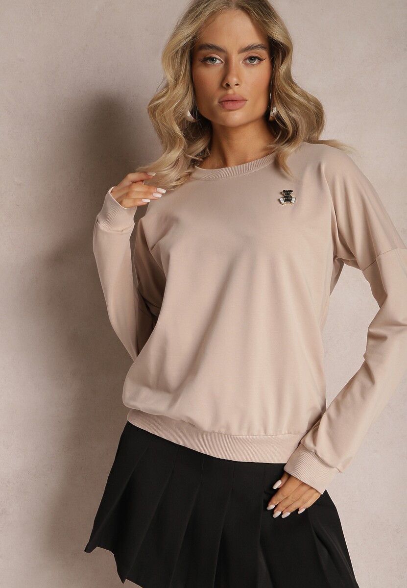Beżowa Bluza Crewneck z Bawełny z Błyszczącą Broszką Clotina 2