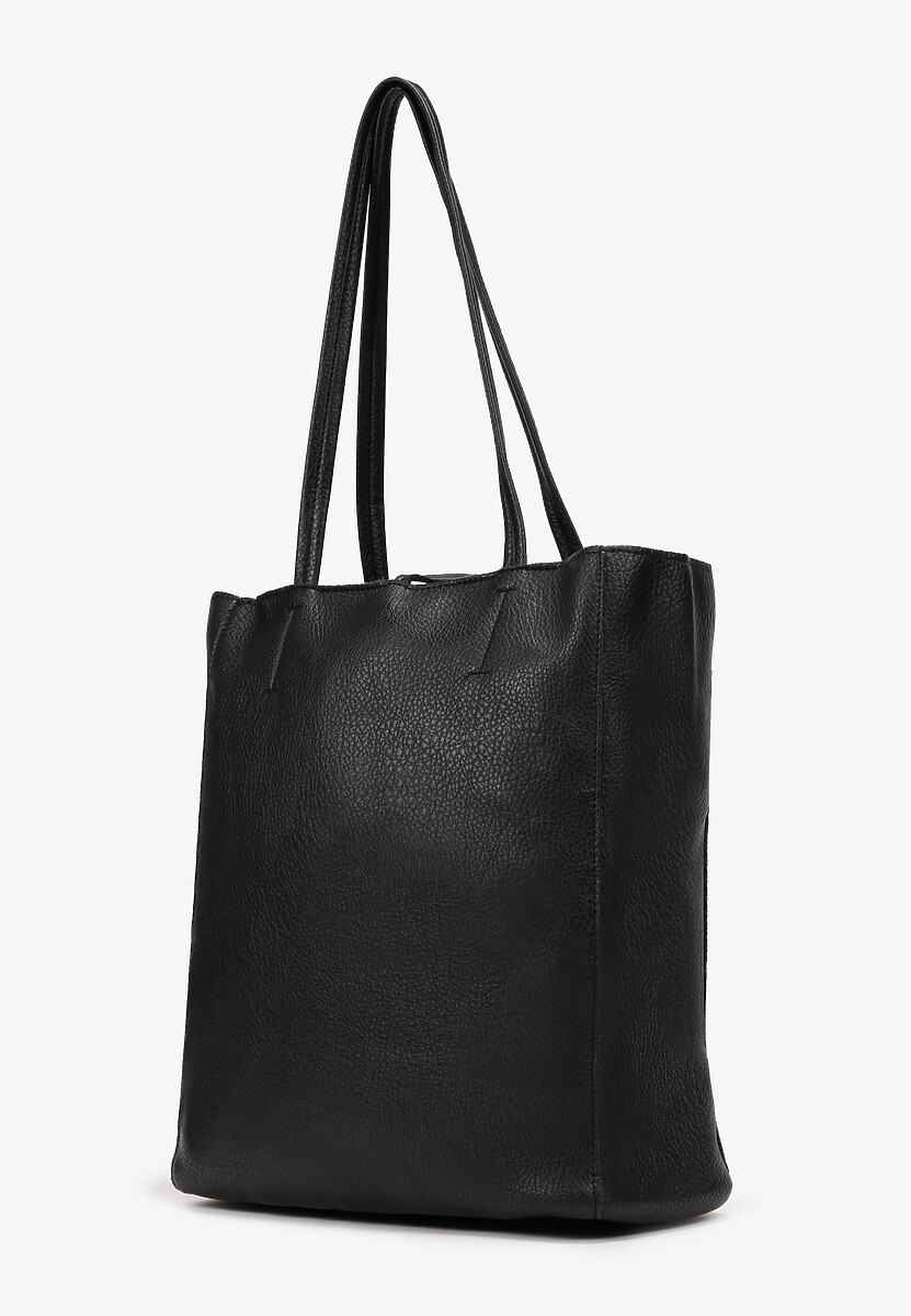 Czarna Torebka Shopper z Imitacji Skóry z Przeszyciami i Długimi Rączkami Silvira 2
