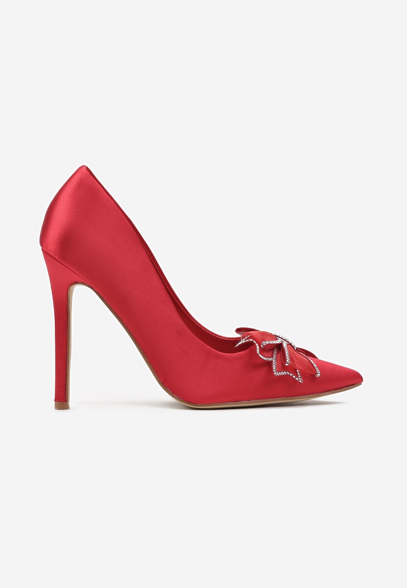 Stiletto Roșii cu Carâmb Satinat și Fundă cu Pietre Strass Warria 3