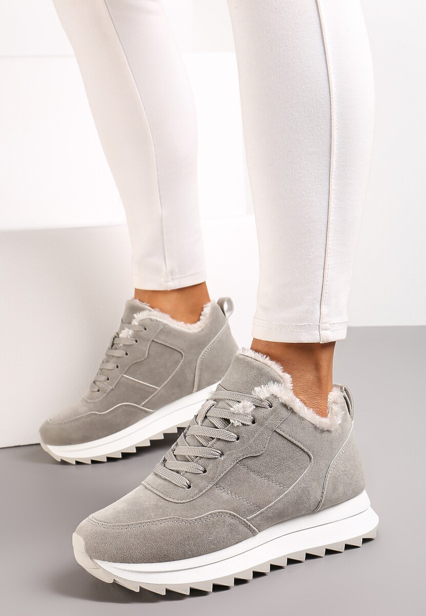 Sneakers Gri Cǎptușiți cu Talpă Plată Închidere cu Șiret și Cusături Duwena 2