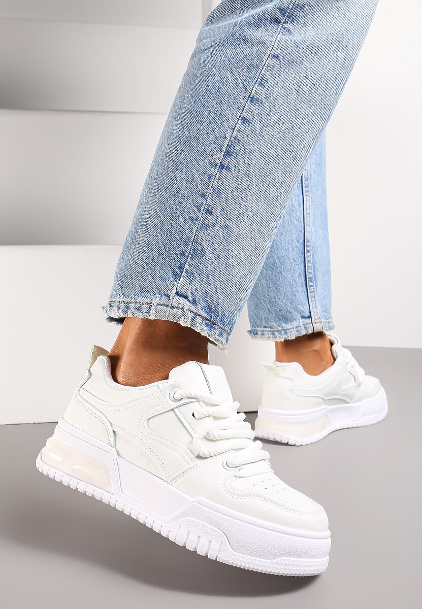 Sneakerși Albi pe Platformă din Imitatie de Piele cu Cusături și Șireturi Celende 2