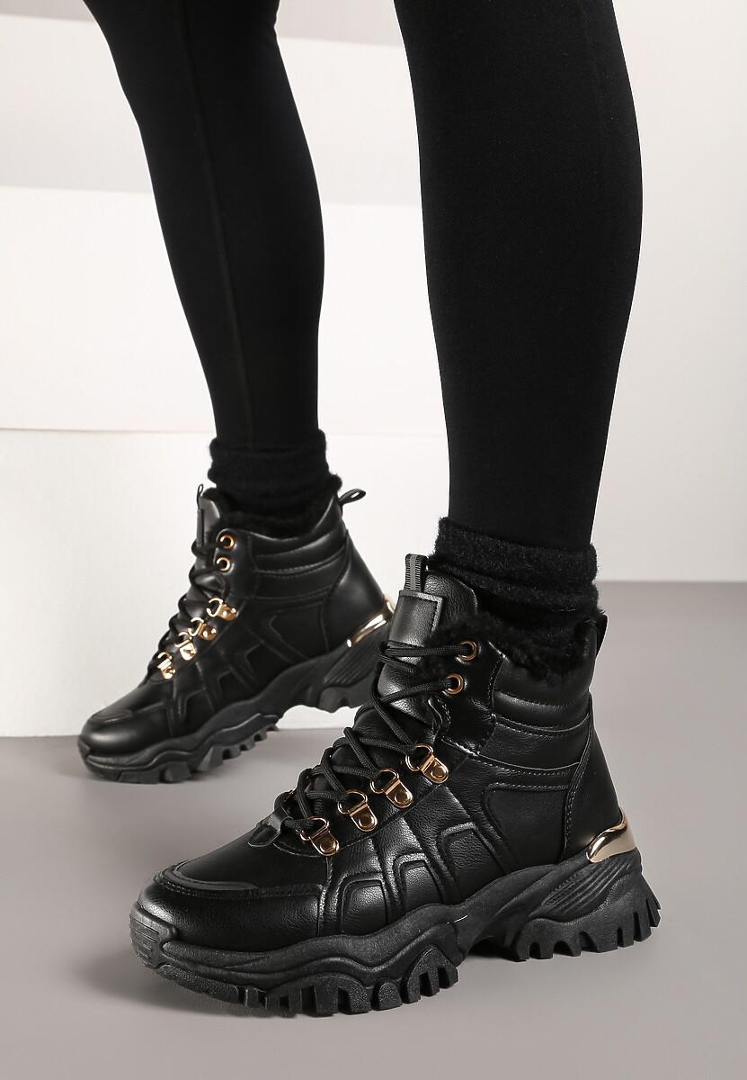 Sneakers negri pe talpă groasă cu cusături decorative și blană Selenita 3