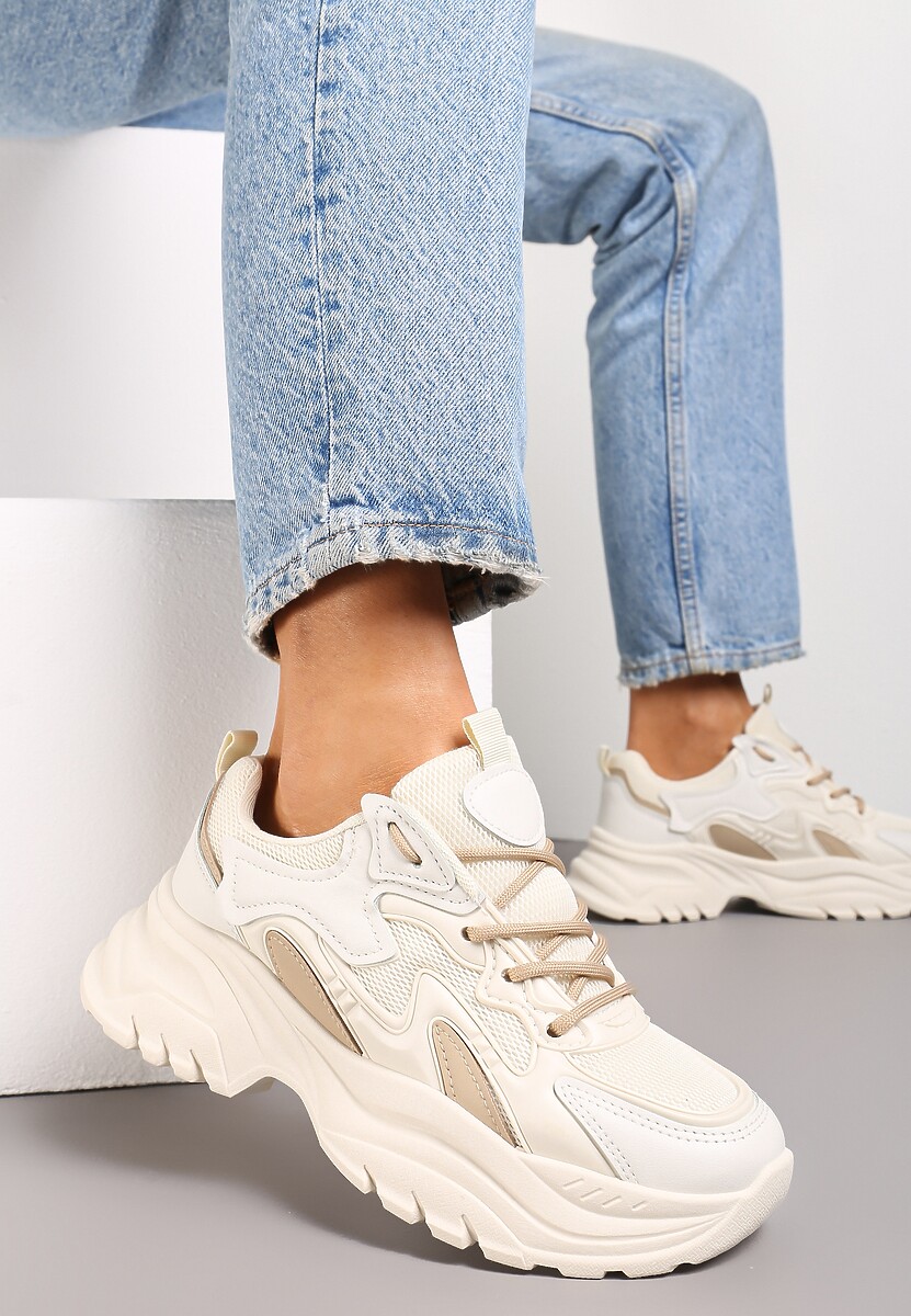 Beżowe Sznurowane Sneakersy na Podeszwie z Wycięciami i Cholewką Przed Kostkę Luminea 1