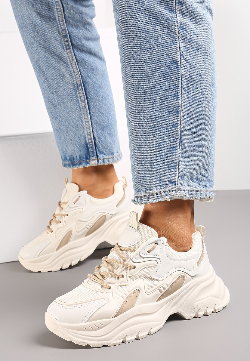 Beżowe Sznurowane Sneakersy na Podeszwie z Wycięciami i Cholewką Przed Kostkę Luminea 2