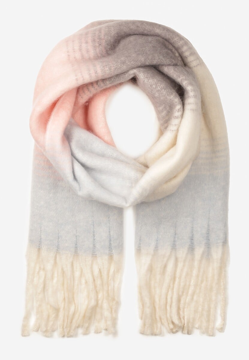 Jasnoróżowy Szalik w Szerokie Paski Wykończony Frędzlami Selamira 1