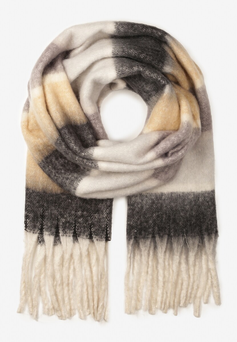 Szary Prostokątny Szalik w Szeroką Kratę z Frędzlami Vansile 1