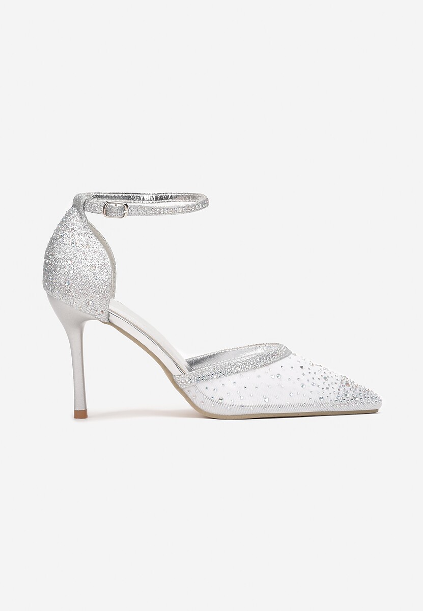 Sandale Argintii cu Toc Stiletto cu Strasuri și Vârf Ascuțit Spinala 3
