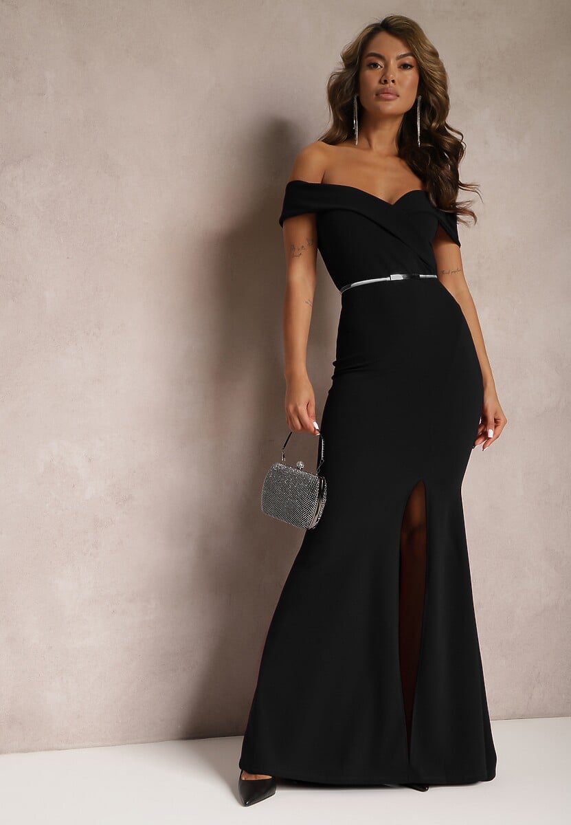 Rochie maxi neagră cu talie și tăietură Perlina 1