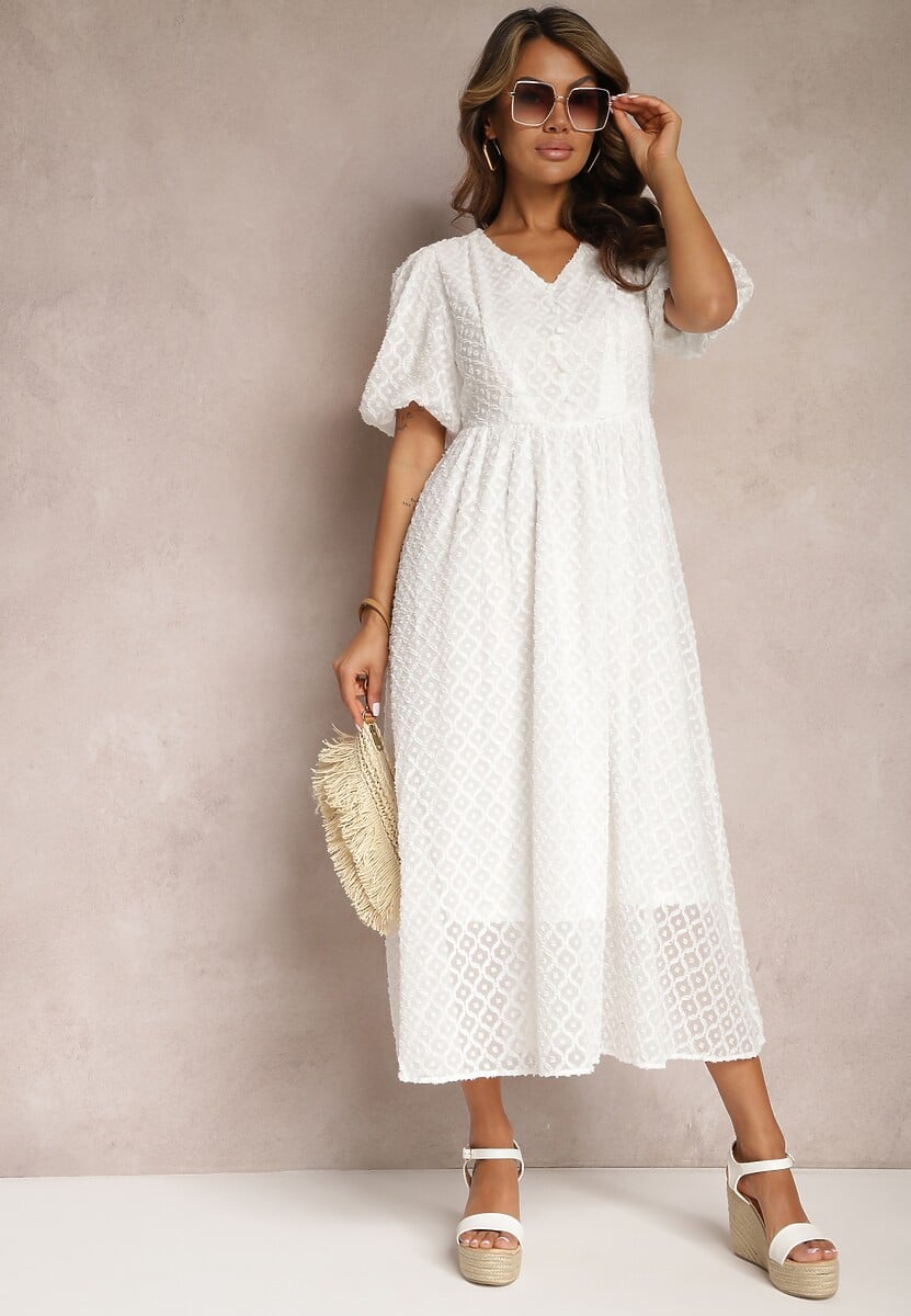 Rochie Albă Cloș Brodată Maxi cu Mânecă Scurtă Garnet 2