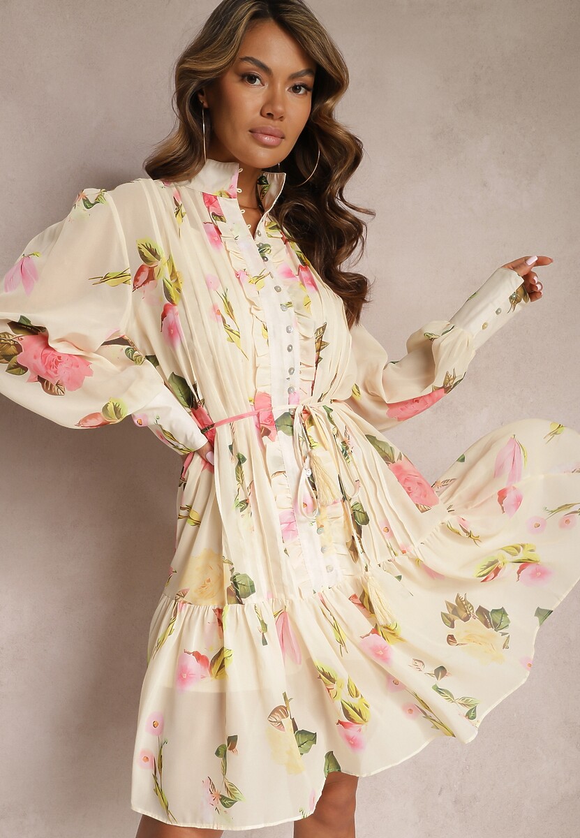 Rochie midi bej deschis plisată cu imprimeu floral cu curea și nasturi Jazai 1