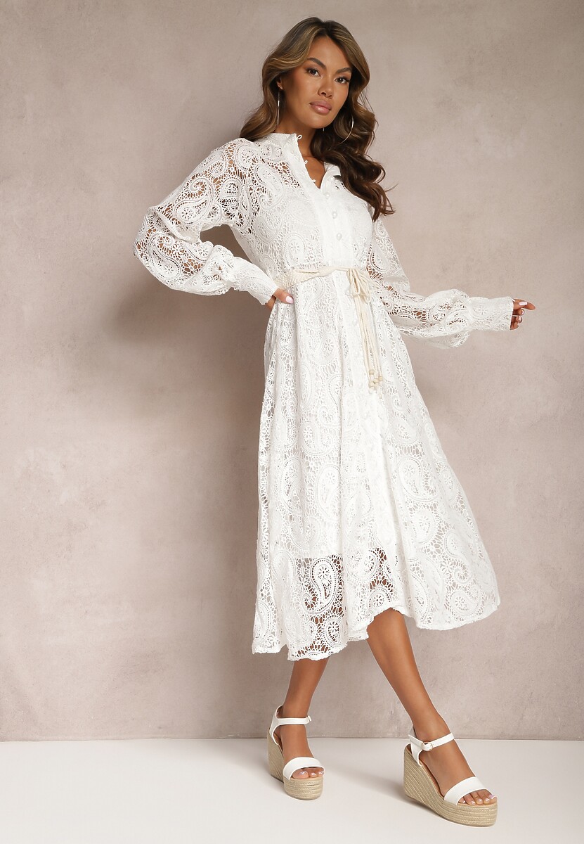Rochie midi albă din dantelă cu fundă decorativă Camaela 2