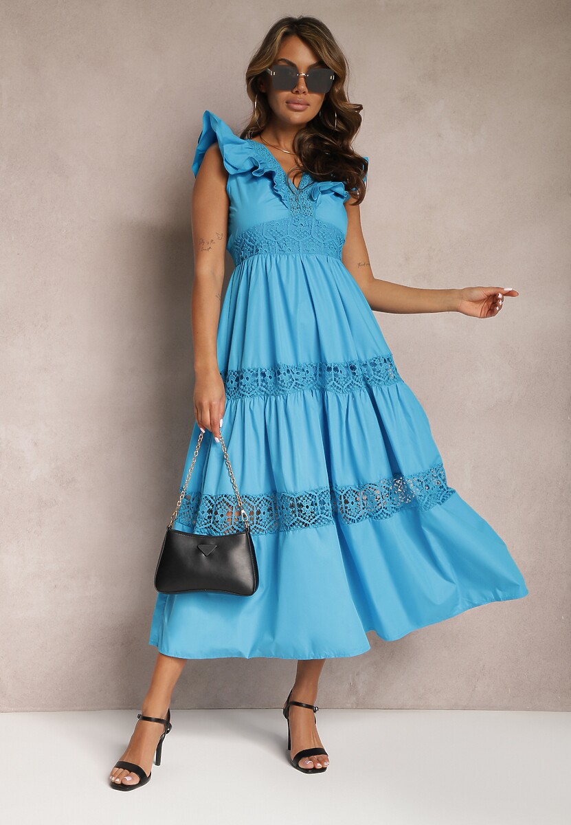 Niebieska Rozkloszowana Sukienka Maxi z Koronką i Wiązaniem na Plecach Iofia