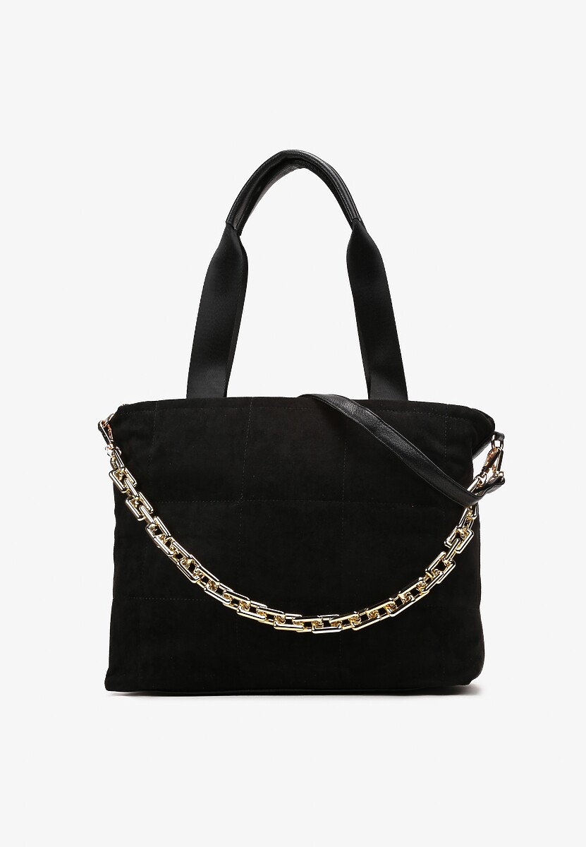Geantă Shopper Neagră din Imitatie de Camos cu Lanț Decorativ Kasanva 1