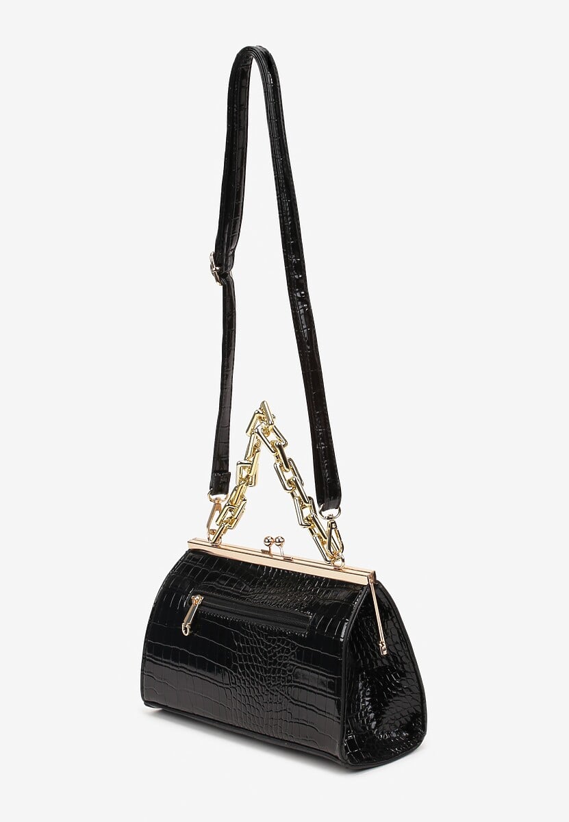Czarna Mała Torebka z Ozdobnym Tłoczeniem i Łańcuchem Linn 2