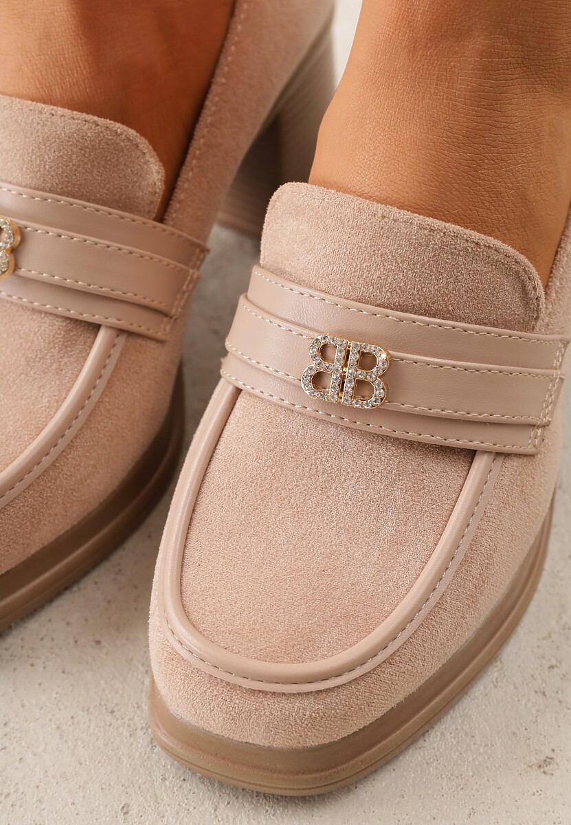 Beżowe Półbuty na Grubym Słupku z Paskiem z Klamerką Celuri 3