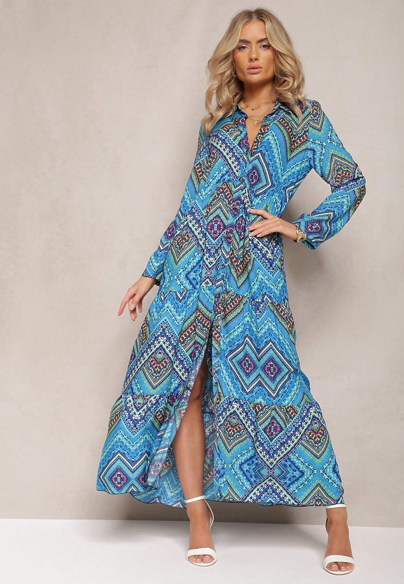 Rochie Cămașă Bleumarin Boho cu Mâneci Suflecate din Bumbac Otersa 2