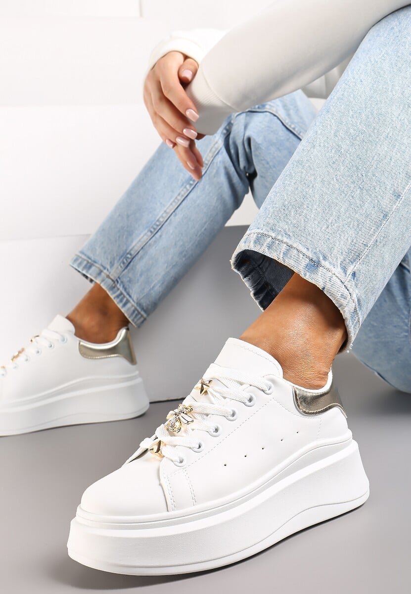 Sneakerși Albi-Aurii pe Talpă Groasă Celessi 1