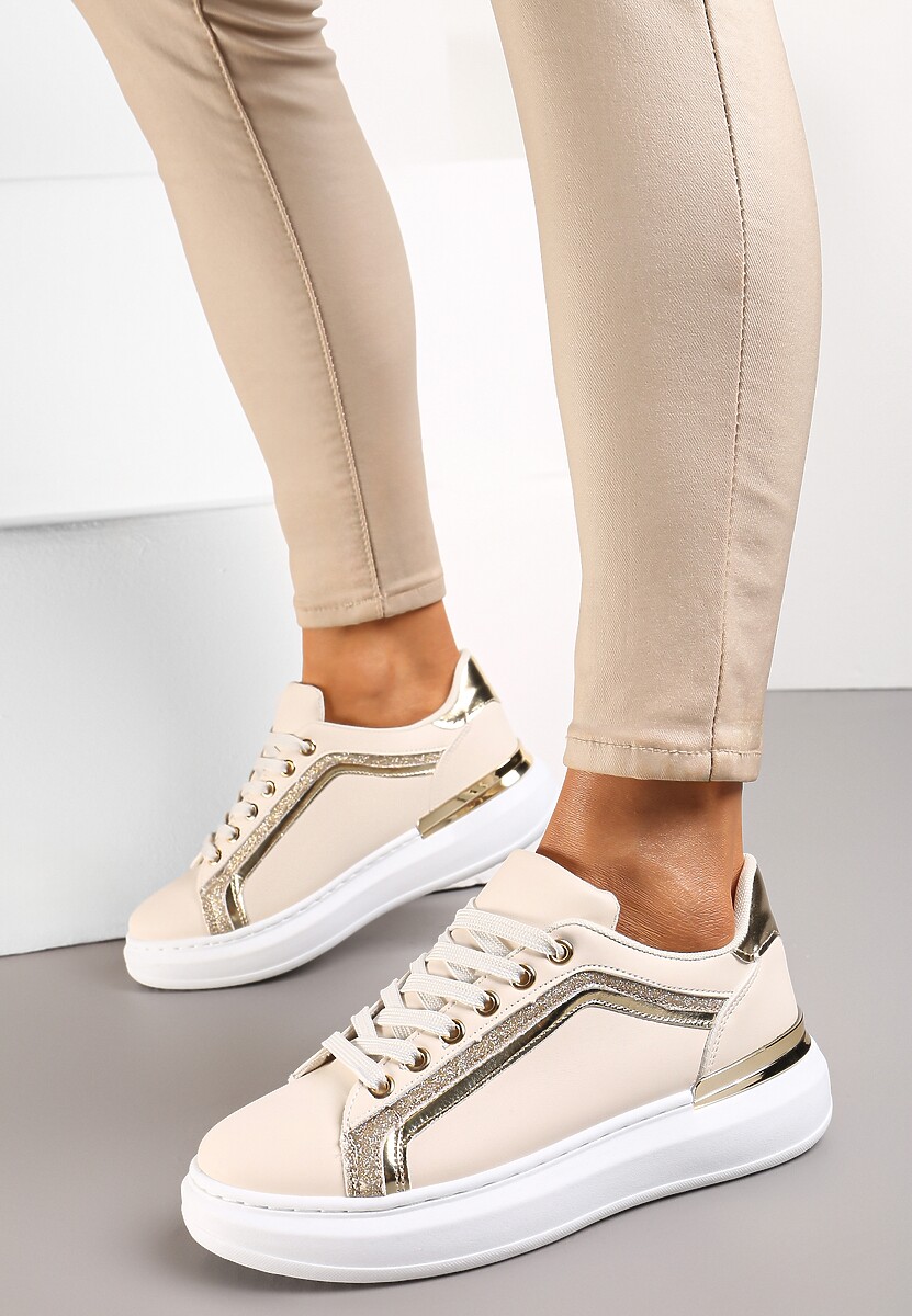Sneakers Bej Veneli cu Platformă Groasă și Sclipici 2