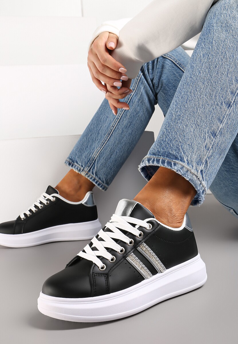 Sneakers negri cu șireturi din imitație de piele decorați cu benzi cu zirconii Isolinna 1