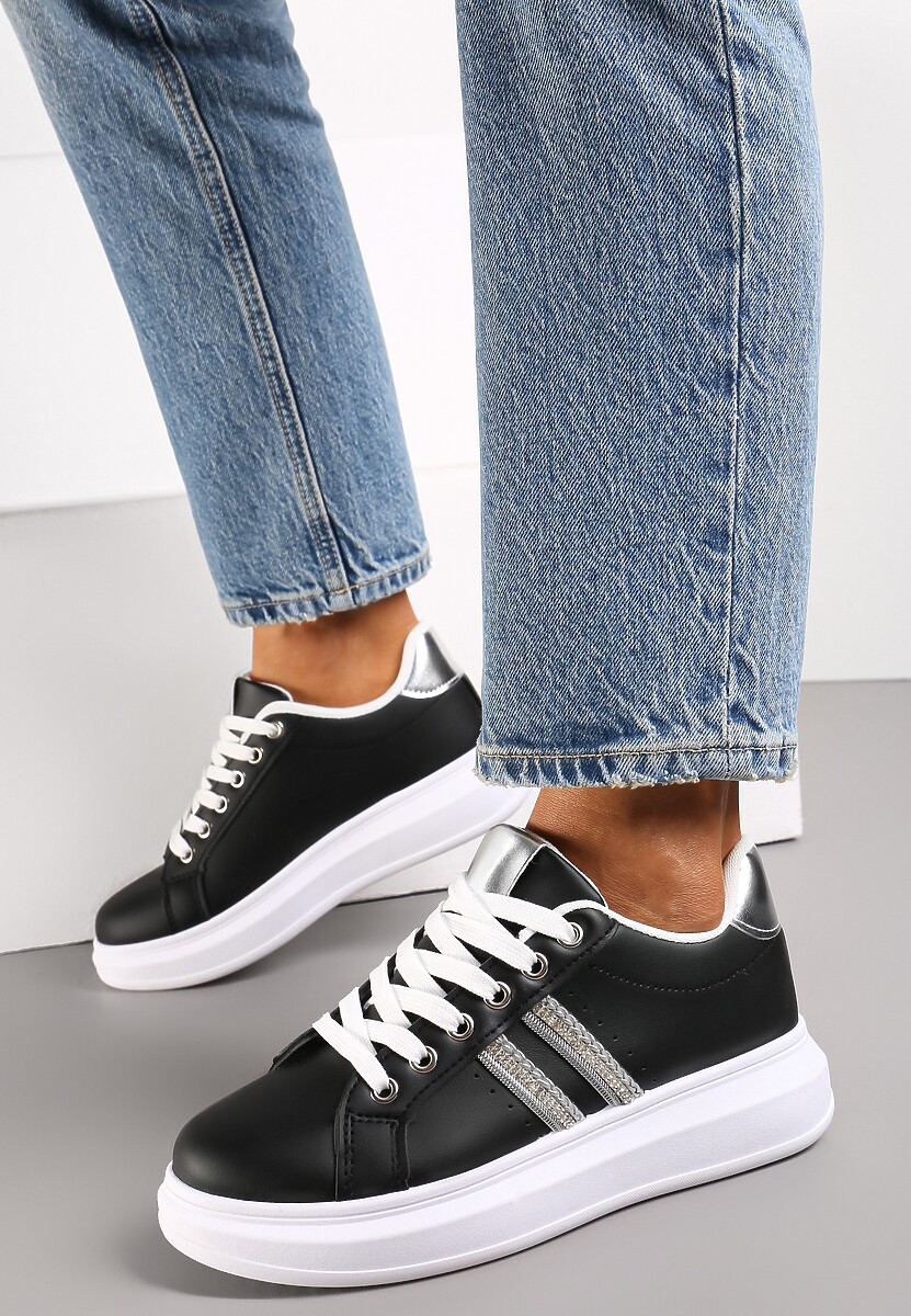Sneakers negri cu șireturi din imitație de piele decorați cu benzi cu zirconii Isolinna 2