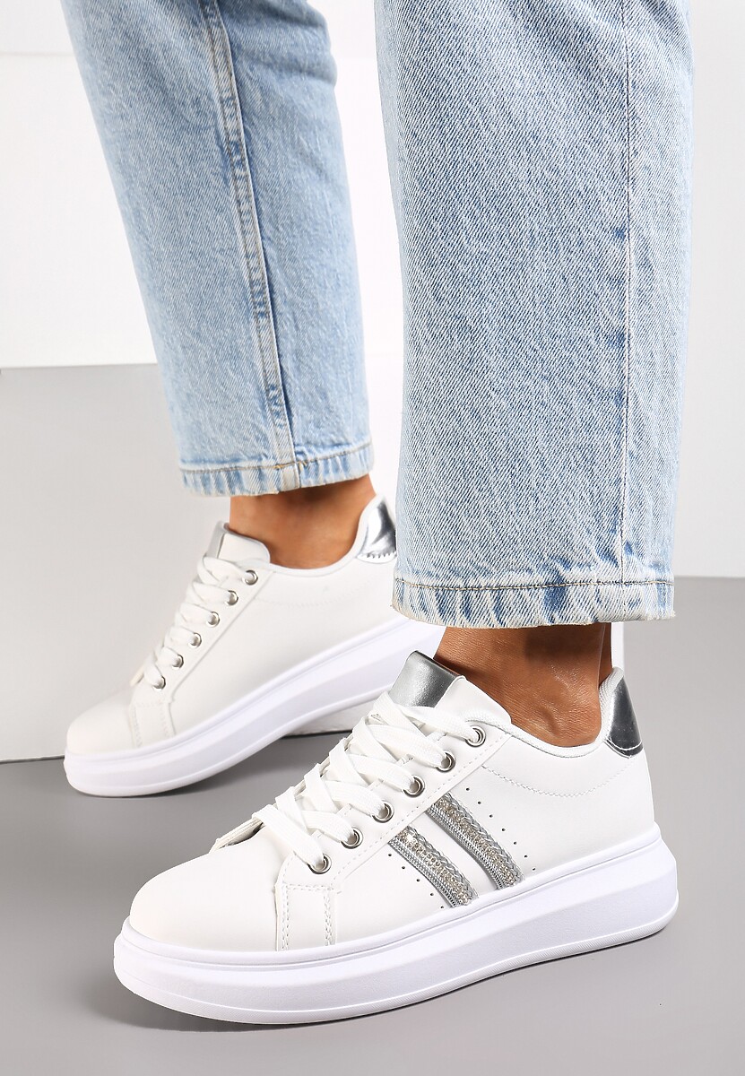 Sneakers Albi-Argintii cu Șiret din Imitatie de Piele cu Barete cu Zirconiu Isolinna 2