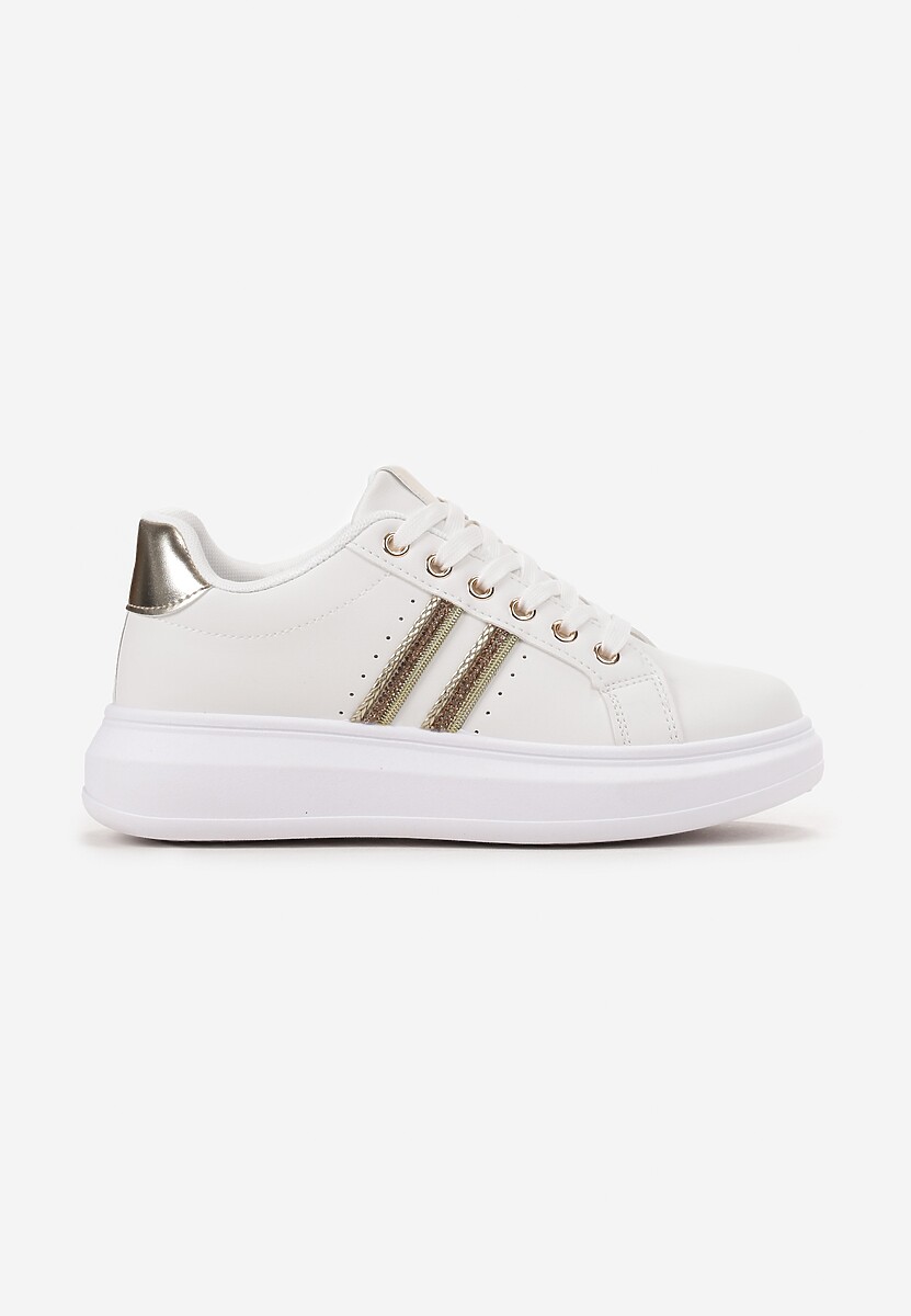 Sneakers Albi-Aurii cu Șireturi din Imitație de Piele Decorați cu Barete cu Pietre Isolinna 3