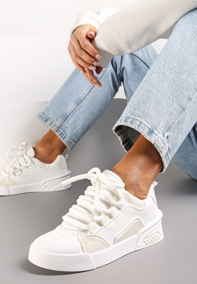 Białe Sneakersy w Stylu Trampek z Szerokimi Sznurówkami na Grubej Podeszwie Sakarias 1