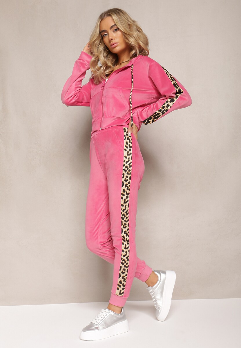 Compleu din Catifea cu Benzi Laterale cu Model Animal Print Fucsia 2