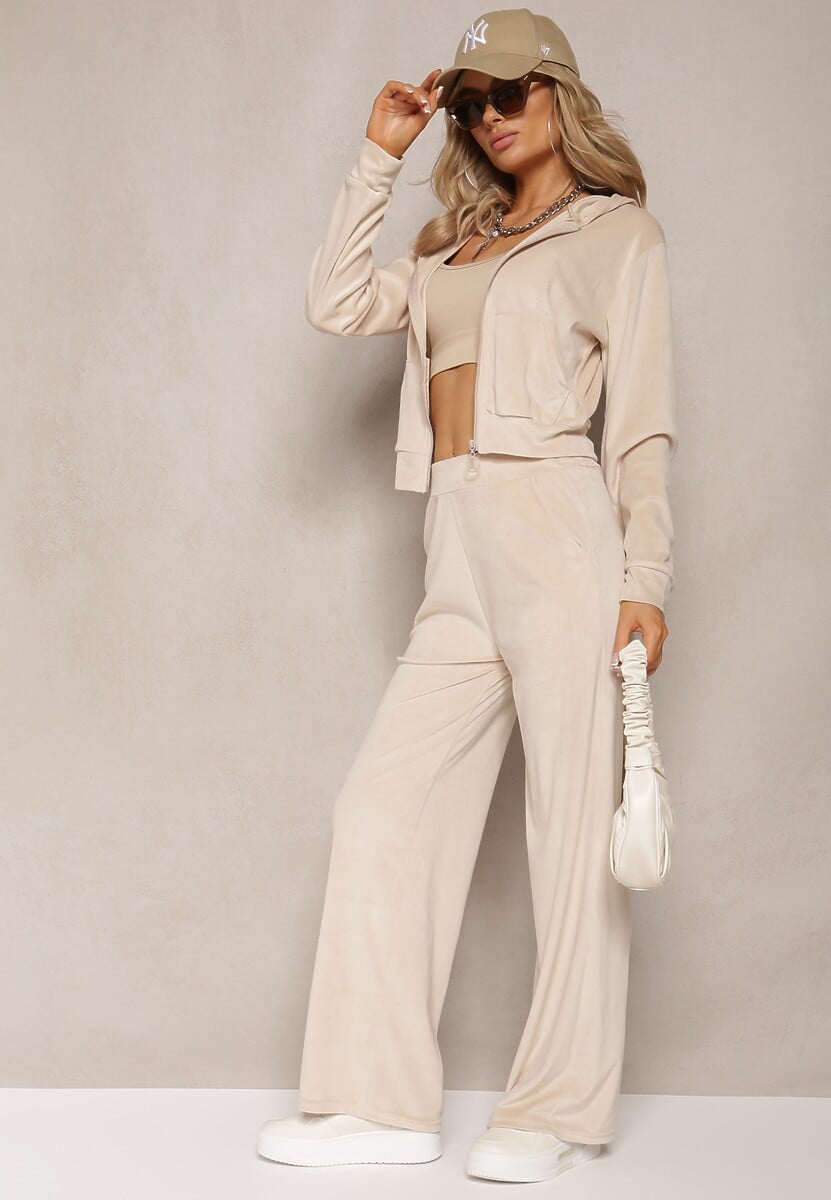 Set trening bej din velur pantaloni largi și hanorac scurt Avilti 2