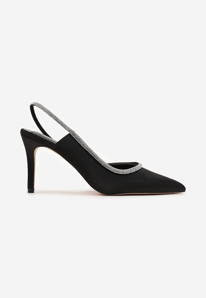 Sandale negre din satin cu toc decorate cu ciucuri cu zirconiu Facea 3