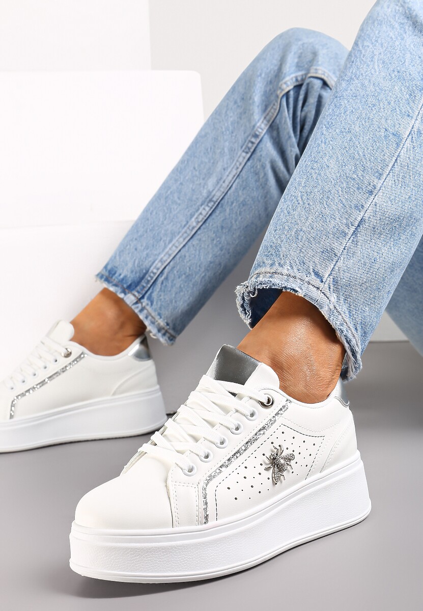 Sneakers Alb-Argintii cu Talpă Groasă și Decorațiuni cu Sclipici Pirola 1