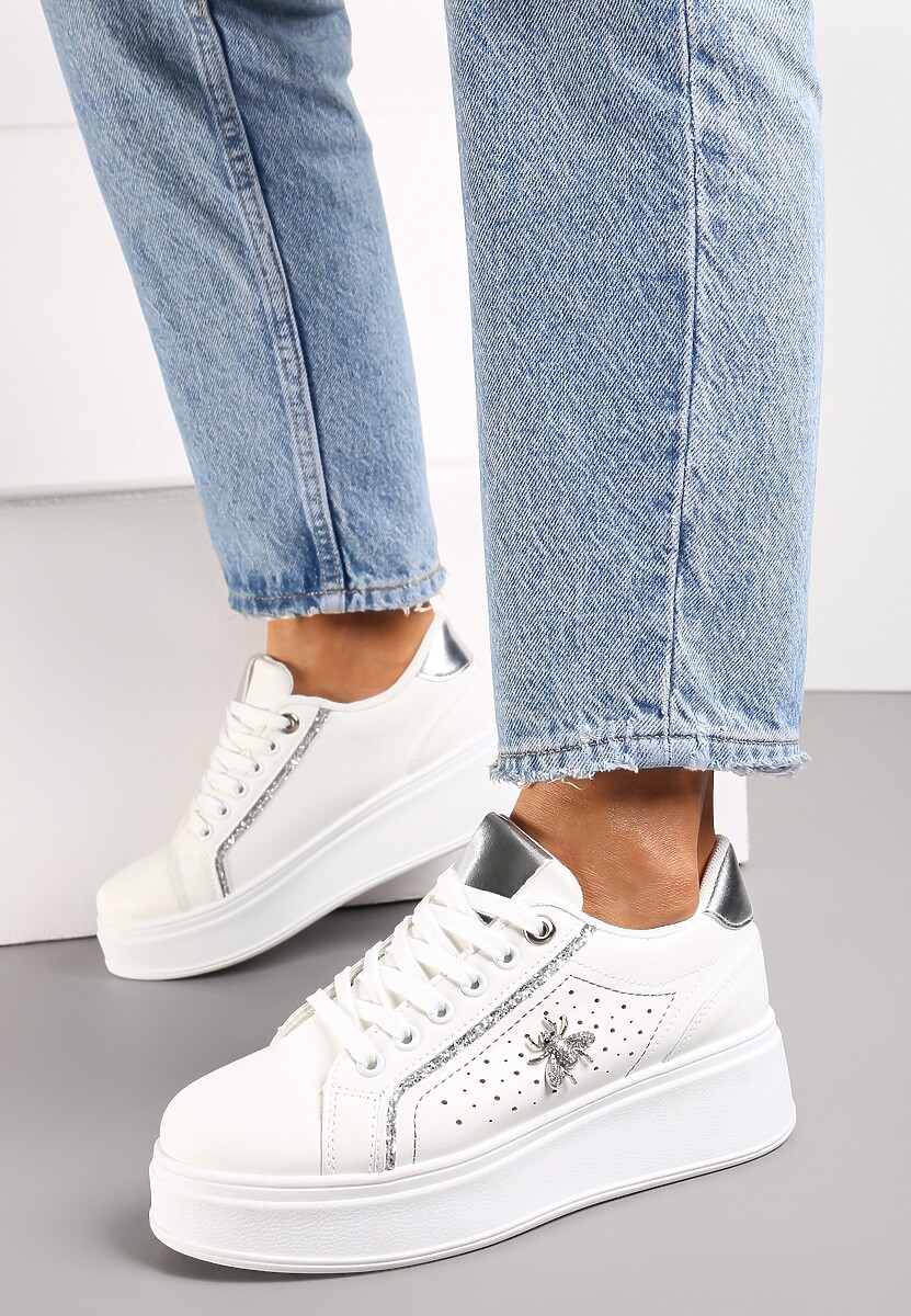 Sneakers Alb-Argintii cu Talpă Groasă și Decorațiuni cu Sclipici Pirola 2