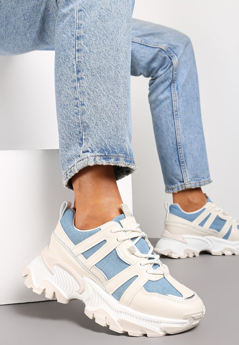 Beżowo-Niebieskie Sznurowane Sneakersy na Grubej Podeszwie ze Wstawkami i Brokatem Widgeta 1