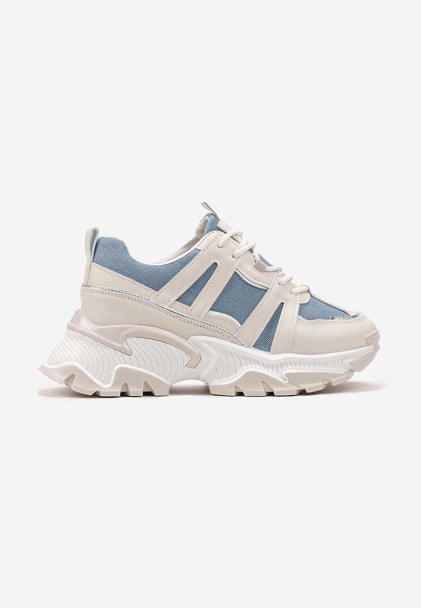 Beżowo-Niebieskie Sznurowane Sneakersy na Grubej Podeszwie ze Wstawkami i Brokatem Widgeta 3