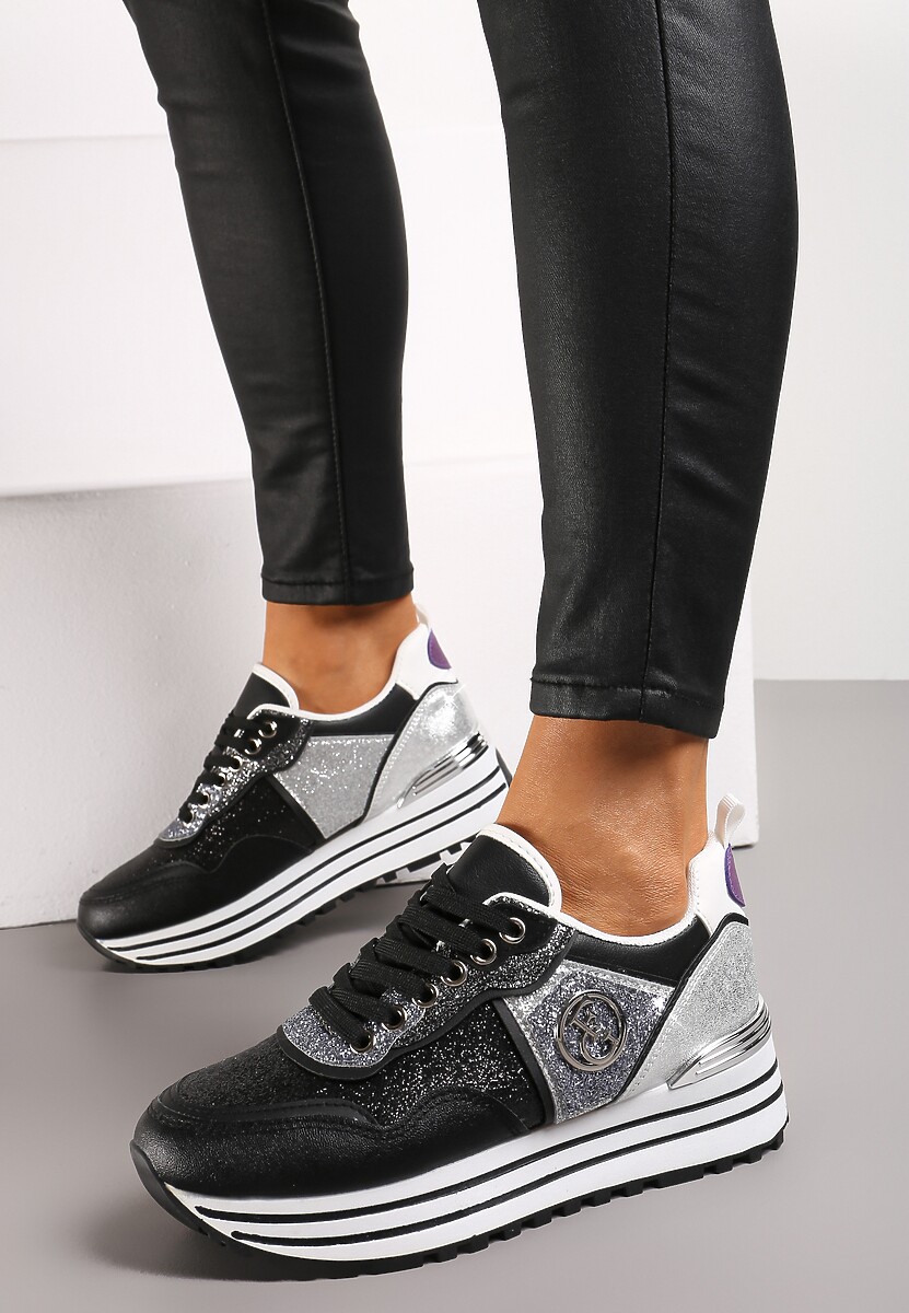 Sneakers Negri Sclipitori pe Talpă Groasă cu Șiret și Monogramă Miviena 2