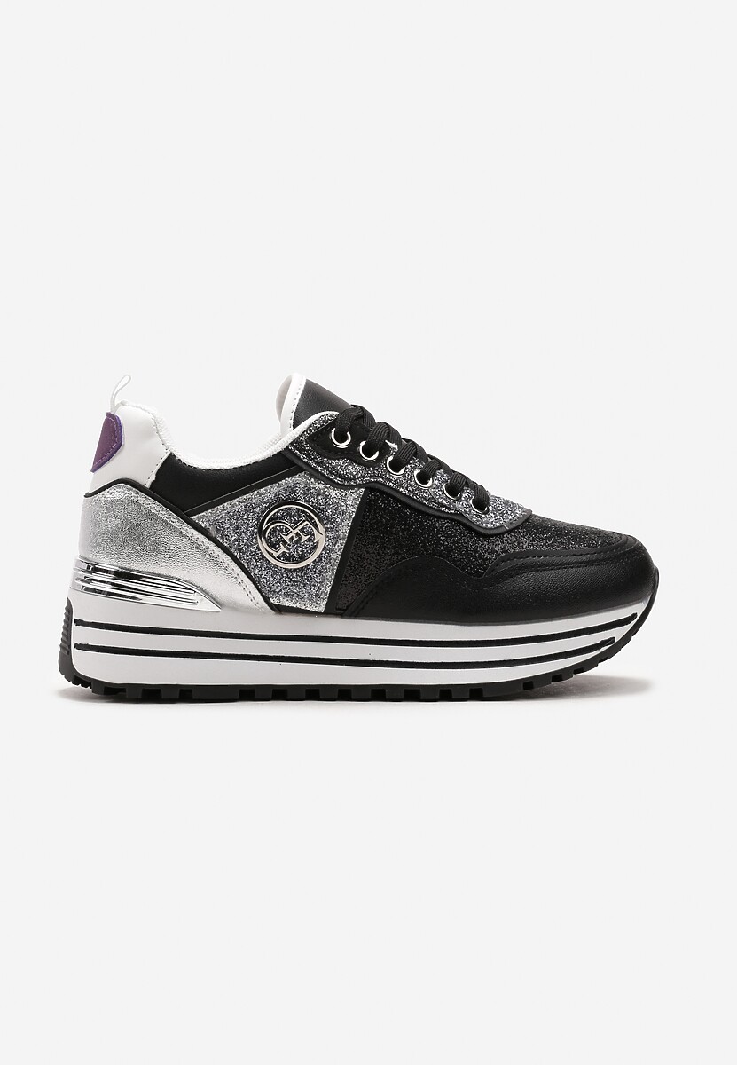 Sneakers Negri Sclipitori pe Talpă Groasă cu Șiret și Monogramă Miviena 3