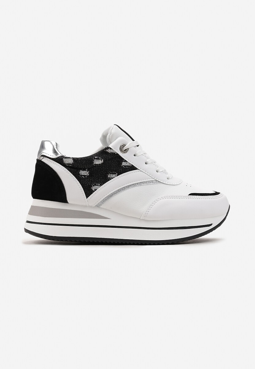 Sneakerși Albi-Negri cu Șiret din Piele Ecologică cu Inserții Strălucitoare Fiviara 3