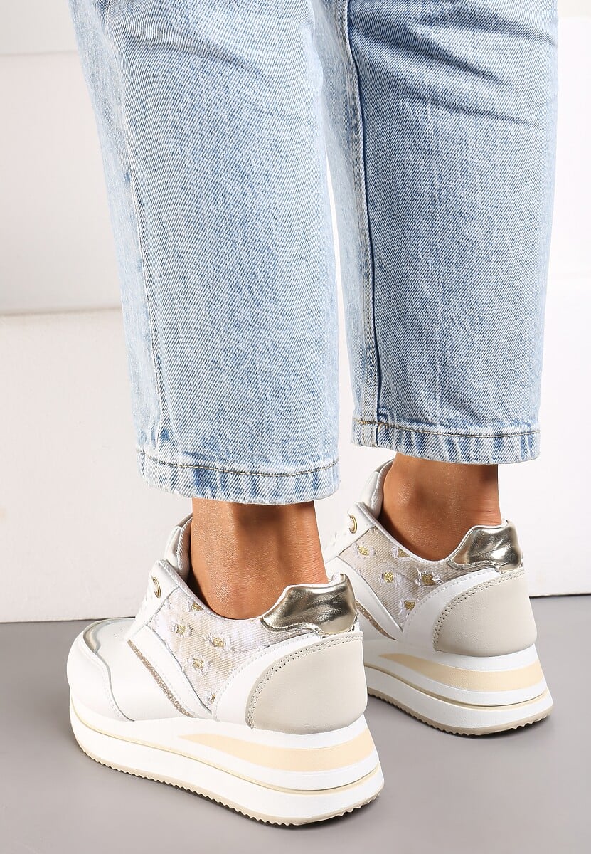 Sneakers Albi-Bej din Piele Ecologică cu Șiret și Inserții Strălucitoare Fiviara 2