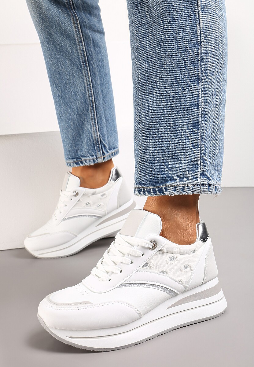 Sneakers Albi-Argintii cu Șiret din Piele Ecologică cu Inserții Strălucitoare Fiviara 1