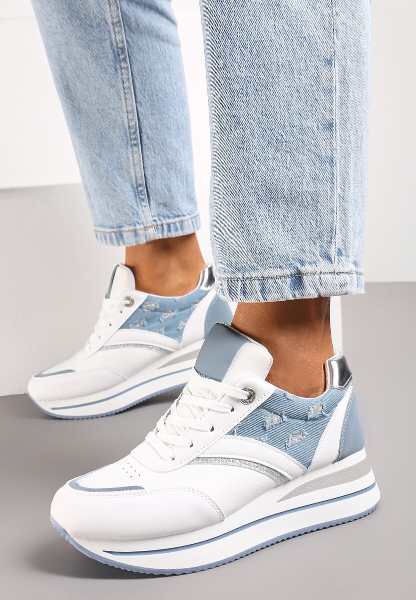 Sneakers Albi-Bleu cu Șiret din Piele Ecologică cu Inserții Strălucitoare Fiviara 1