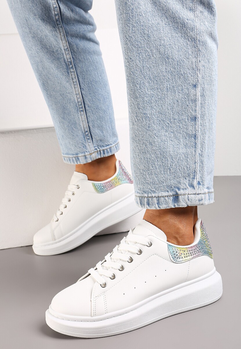 Sneakers Albi cu Inserție cu Sclipici și Pietre pe Talpă Groasă Mimivia 2