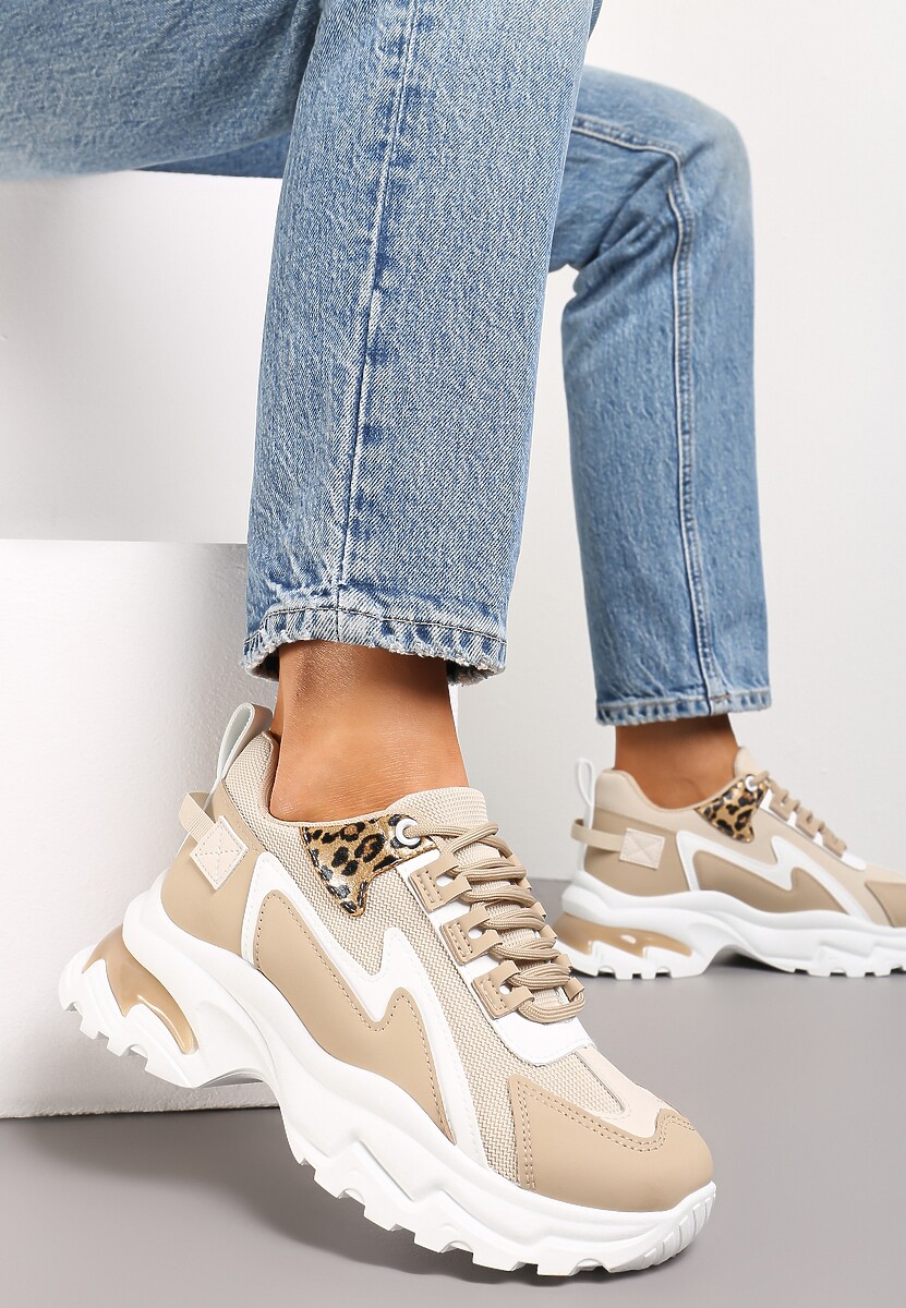Sneakers bej închis cu talpă groasă cusături și șireturi Marinil 1