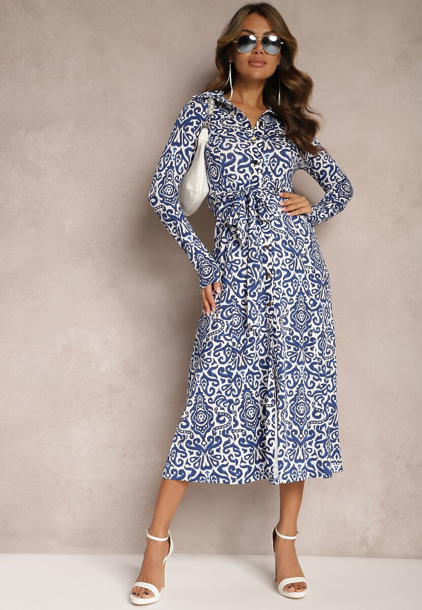 Rochie Midi Clos Culoare Albastru-Alb Cu Volane Și Curea Lanibe 2