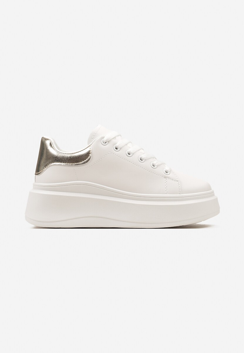 Biało-Złote Sznurowane Sneakersy na Niskiej Platformie z Imitacji Skóry Ajanfa 3