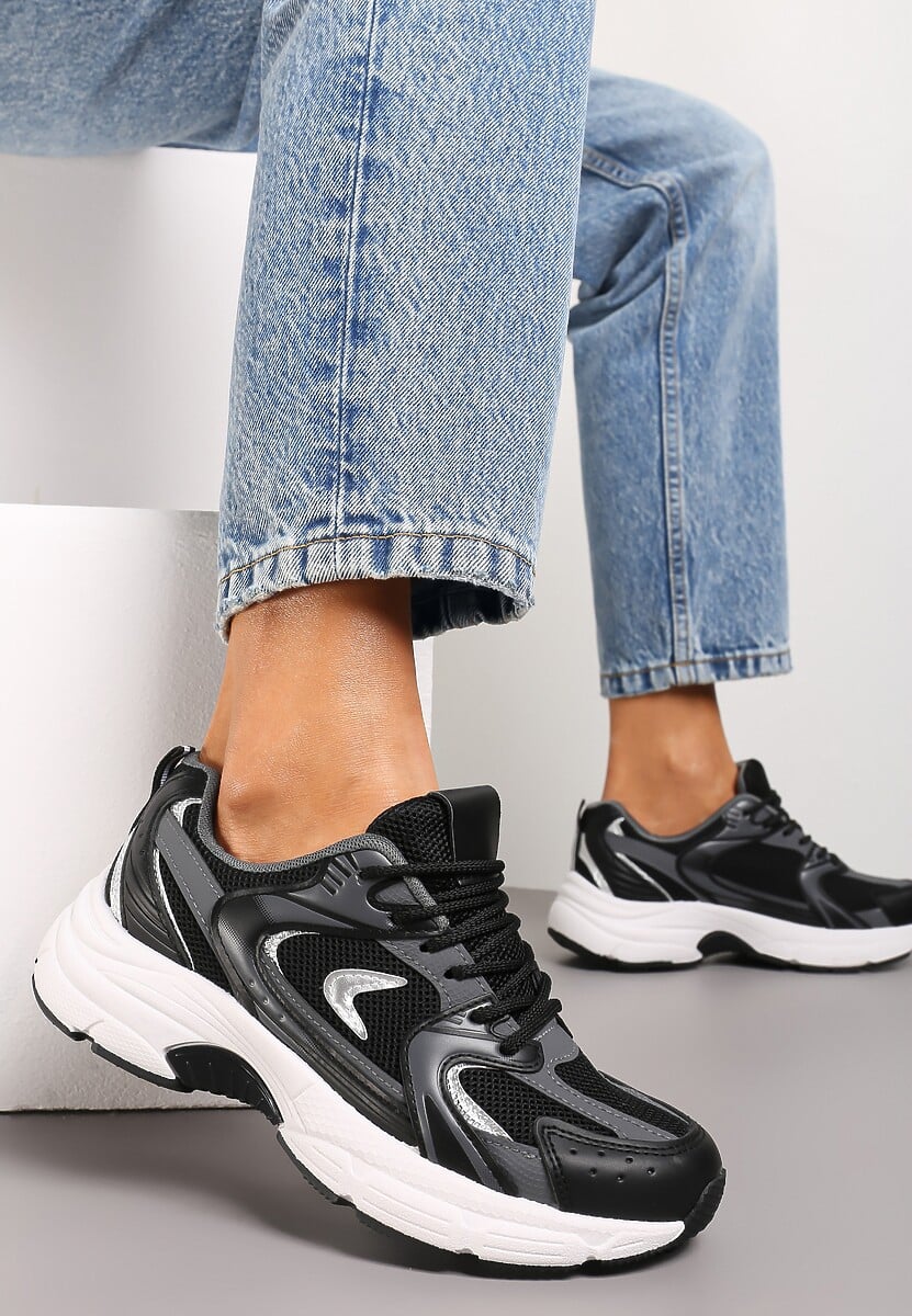 Sneakerși sport negri din imitație de piele cu barete decorative Vilirea 1