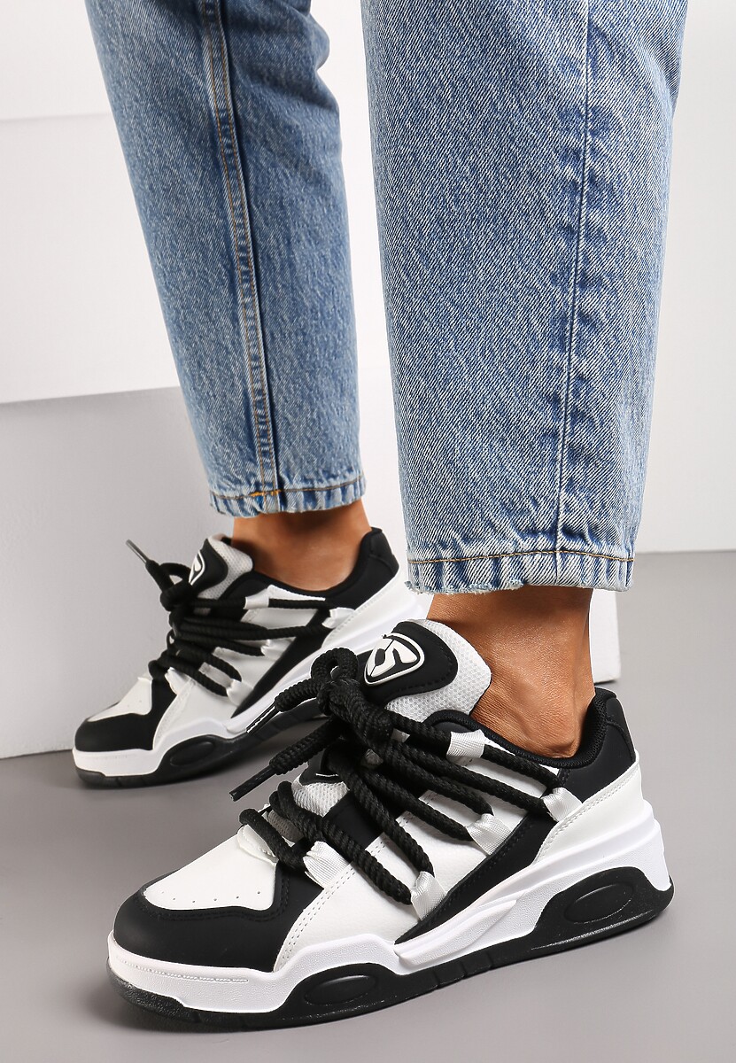 Sneakerși Negri cu Talpă Groasă din Imitatie de Piele cu Șireturi Groase Virinal 2